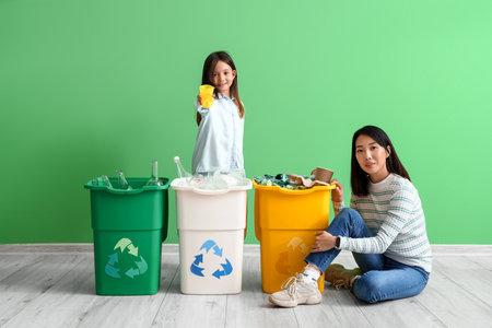 Asian mother with her little daughter sorting garbage in recycle bins near green wallの写真素材