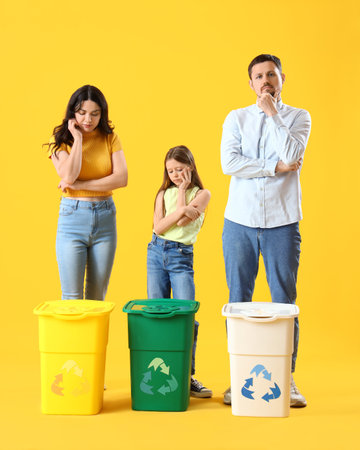 Thoughtful family with recycle bins on yellow backgroundの写真素材
