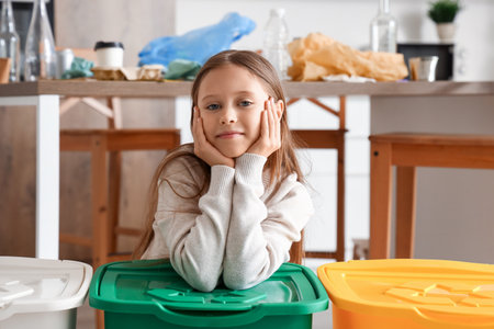 Little girl with recycle trash bins in kitchenの写真素材