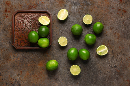 Tray with fresh limes on brown backgroundの写真素材