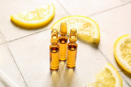 Ampoules with vitamin C and lemon slices on white tile backgroundの写真素材