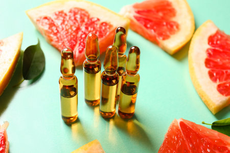 Ampoules with vitamin C and grapefruit slices on turquoise backgroundの写真素材