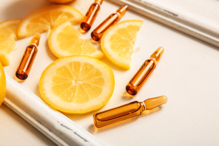 Ampoules with vitamin C and lemon slices on white backgroundの写真素材