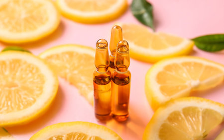 Ampoules with vitamin C and lemon slices on pink backgroundの写真素材