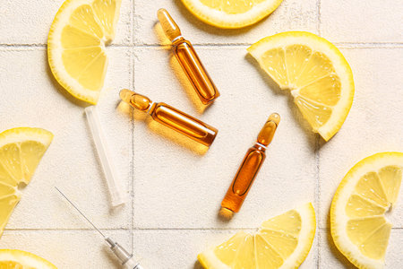 Ampoules with vitamin C and lemon slices on white tile backgroundの写真素材