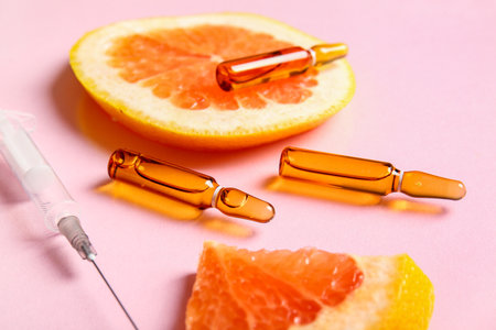 Ampoules with vitamin C and grapefruit slices on pink backgroundの写真素材