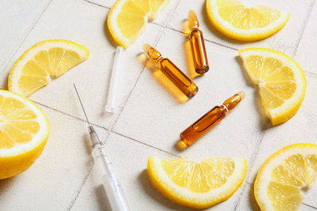 Ampoules with vitamin C and lemon slices on white tile backgroundの写真素材