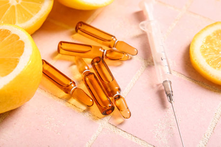 Ampoules with vitamin C and lemon slices on pink tile backgroundの写真素材