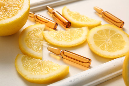 Ampoules with vitamin C and lemon slices on white backgroundの写真素材