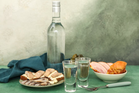 Shots with cold vodka and snacks on tableの写真素材