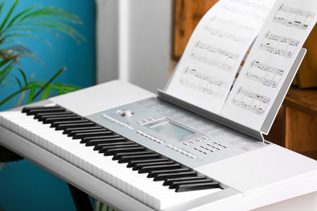 Synthesizer with music sheets in room, closeupの写真素材