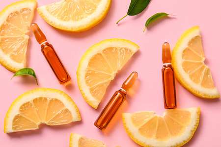 Ampoules with vitamin C and lemon slices on pink backgroundの写真素材