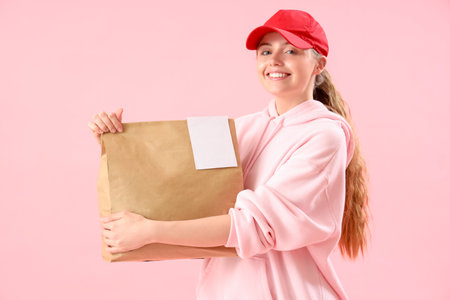 Female courier with paper bag on pink backgroundの写真素材