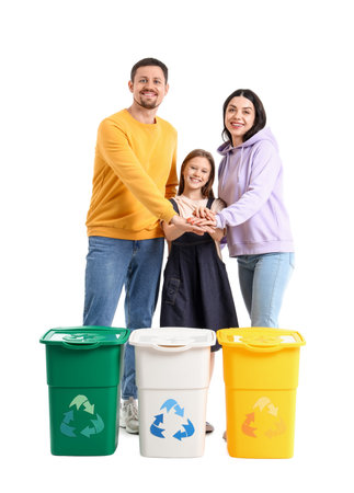 Family with recycle bins putting hands together on white backgroundの写真素材
