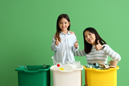 Asian mother with her little daughter sorting garbage in recycle bins on green backgroundの写真素材