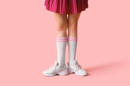 Legs of young woman in stylish white sneakers on pink backgroundの写真素材