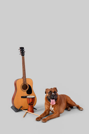 Boxer dog with drum and guitar lying on light backgroundの写真素材