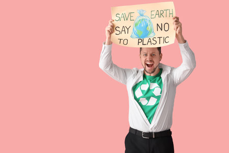 Enthusiastic young man in t-shirt with recycling sign holding poster with text SAVE EARTH SAY NO TO...