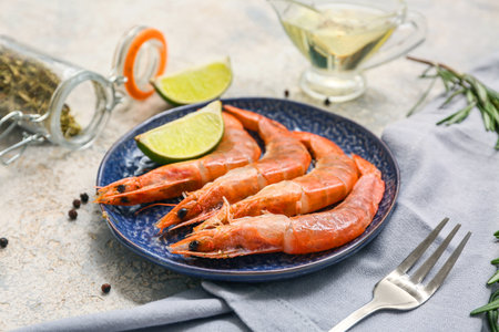 Plate with tasty boiled shrimps, lime and peppercorn on gray backgroundの写真素材