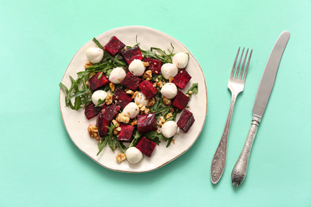 Plate of fresh salad with beet and mozzarella cheese on turquoise backgroundの写真素材