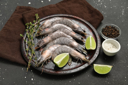 Plate with fresh raw shrimps and lime on black backgroundの写真素材