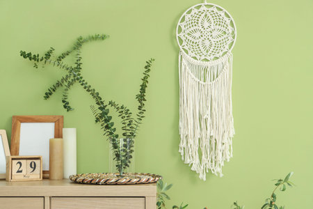 Vase with eucalyptus branches on chest of drawers near green wall in room, closeup