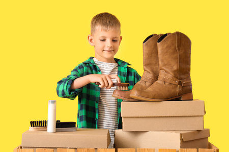Cute little happy cobbler cleaning shoes on yellow backgroundの写真素材