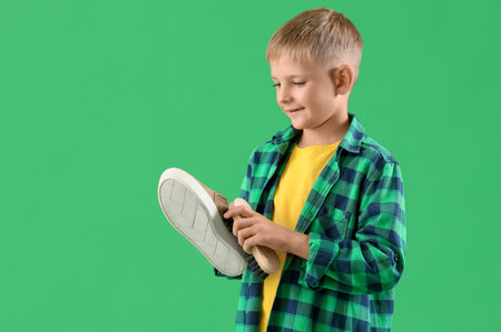 Cute happy little boy brushing shoe on green backgroundの写真素材