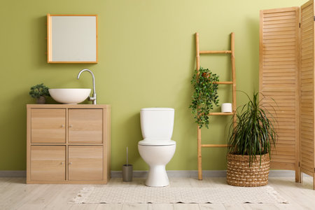 White toilet bowl, houseplant and chest of drawers with sink near green wall in restroomの写真素材
