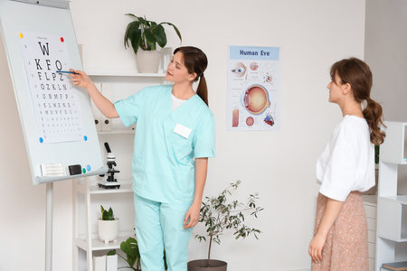 Female ophthalmologist checking patient's eyesight in clinicの写真素材