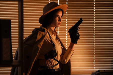 Female spy with gun in office at nightの写真素材