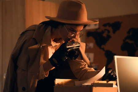 Female spy taking picture of document in office at nightの写真素材