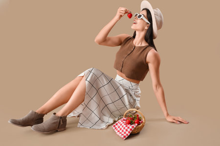 Beautiful young woman and wicker basket with fresh strawberries sitting on brown backgroundの写真素材