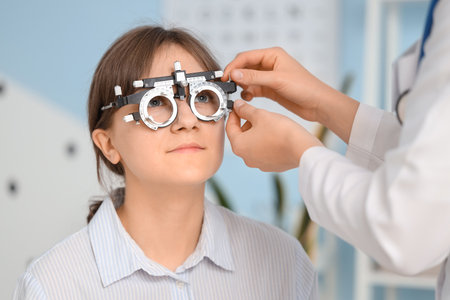Female ophthalmologist putting trial frame on patient in clinic, closeupの写真素材