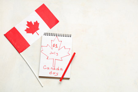 Greeting card drawing and Canadian flag on white background. Canada Day conceptの写真素材