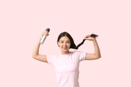 Beautiful young happy woman with hair spray on pink backgroundの写真素材