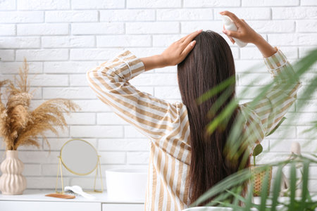 Beautiful young woman with hair spray sitting at home, back viewの写真素材