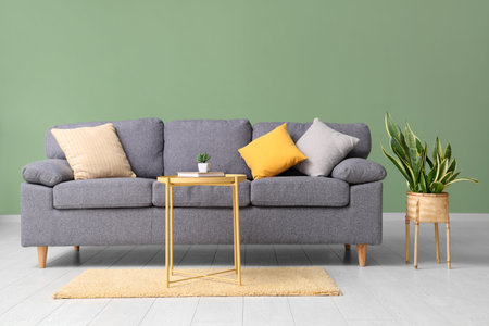 Stylish gray sofa, coffee table and houseplant near green wall