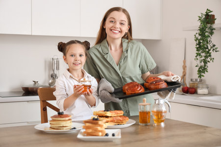 Cute little girl and her mother holding honey with buns in kitchenの写真素材