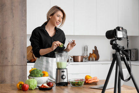 Female food blogger making vegetable smoothie while recording video in kitchenの写真素材
