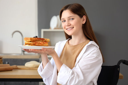 Young woman in wheelchair with tasty waffles at homeの写真素材