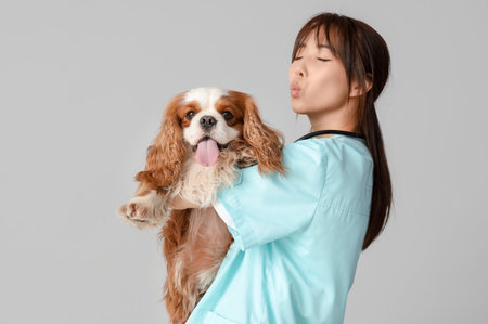 Female Asian veterinarian with cute dog blowing kiss on gray backgroundの写真素材