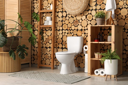 Interior of restroom with toilet bowl, shelving unit, ladder and folding screen near wooden wallの写真素材