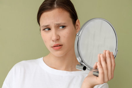 Beautiful young worried woman with acne problem holding mirror on green backgroundの写真素材