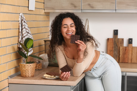 Young African-American woman eating chocolate in kitchen