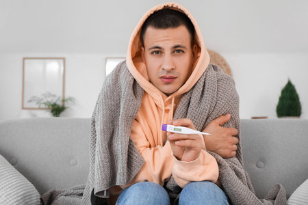 Ill young man with plaid and thermometer sitting on sofa at home