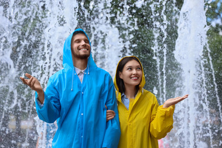 Happy young couple wearing raincoats on rainy day outdoorsの写真素材