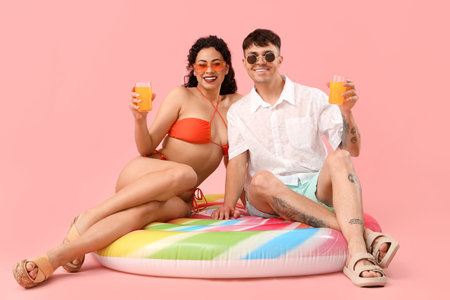 Happy young couple with glasses of juice sitting on inflatable mattress against pink backgroundの写真素材