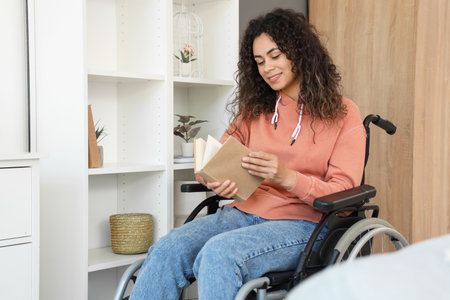 Young African-American woman in wheelchair reading book at homeの写真素材