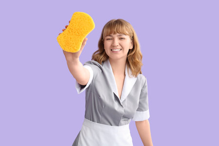 Beautiful young happy chambermaid with cleaning sponge on purple background